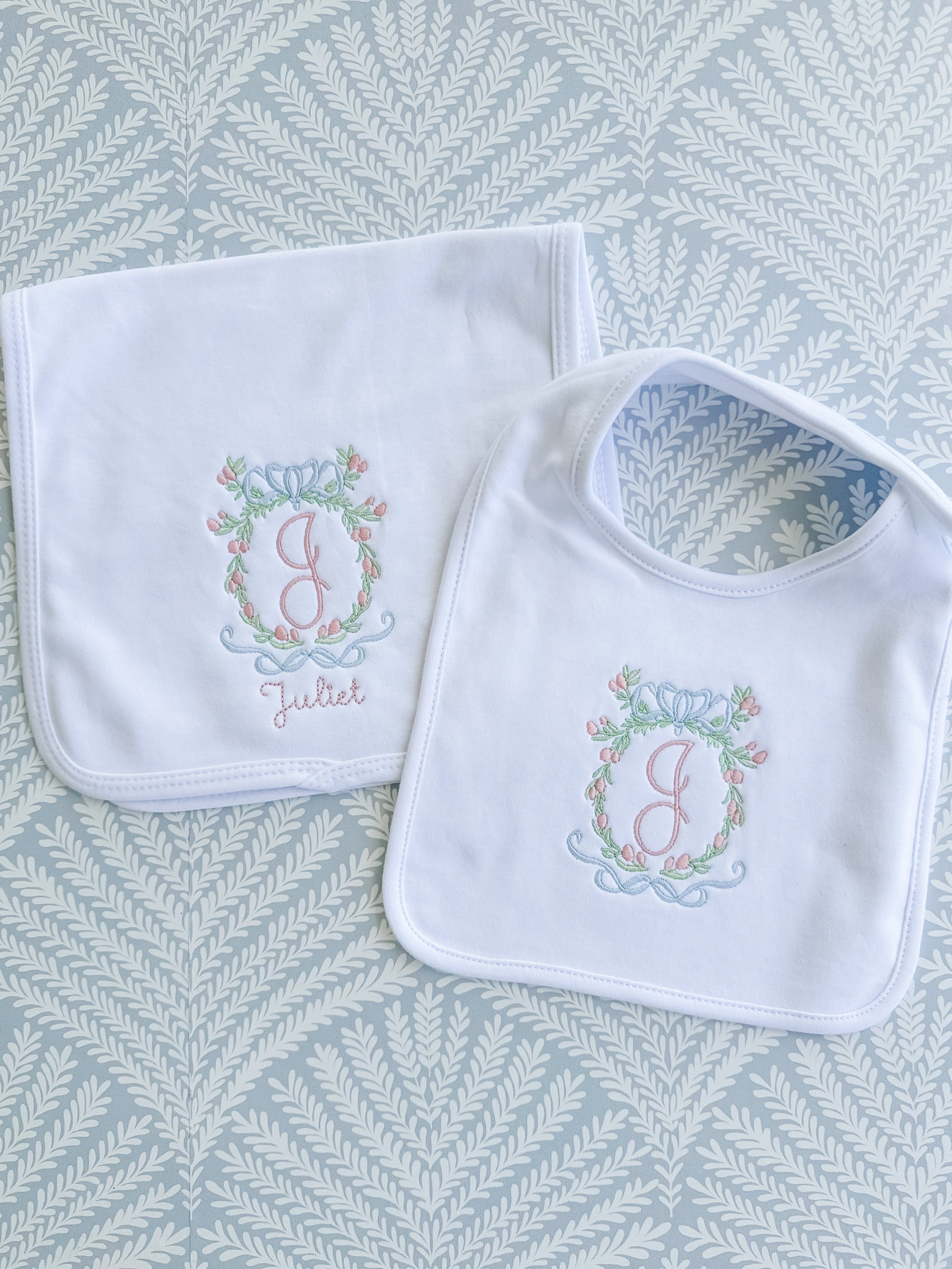 Bib and Burp Cloth Set - Floral Crest